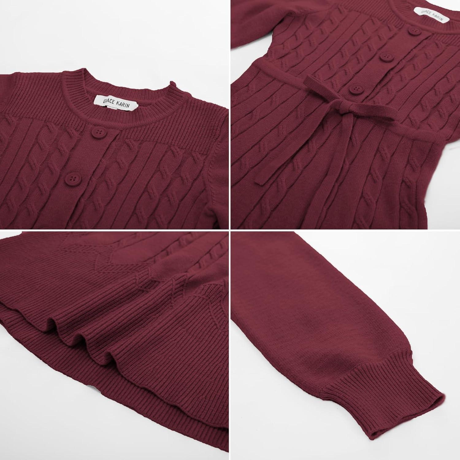 imageGRACE KARIN Girls Sweater Dress Fall Winter Long Sleeve Kids Fashion Drawstring Waist Cable Knit Dresses Size 512Wine Red
