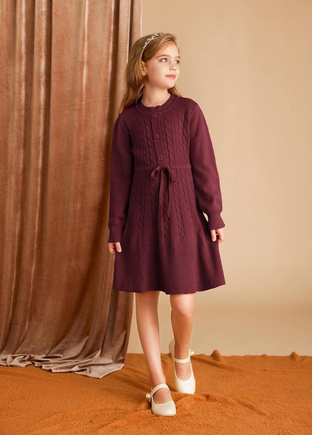 imageGRACE KARIN Girls Sweater Dress Fall Winter Long Sleeve Kids Fashion Drawstring Waist Cable Knit Dresses Size 512Wine Red
