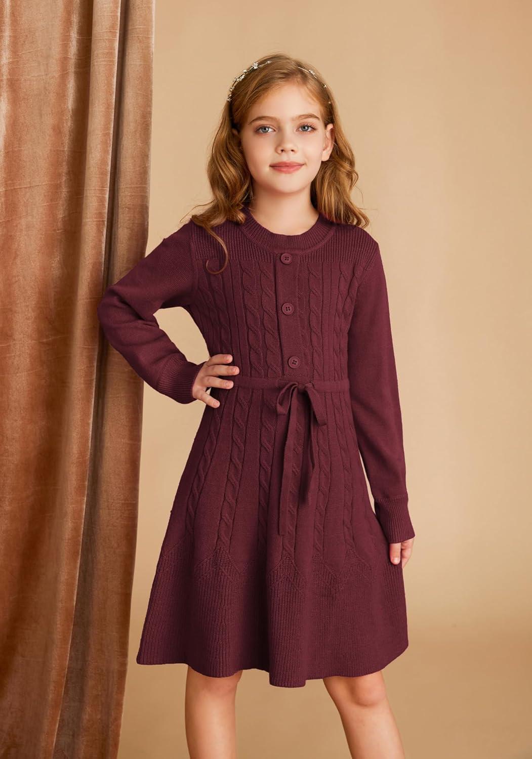 imageGRACE KARIN Girls Sweater Dress Fall Winter Long Sleeve Kids Fashion Drawstring Waist Cable Knit Dresses Size 512Wine Red