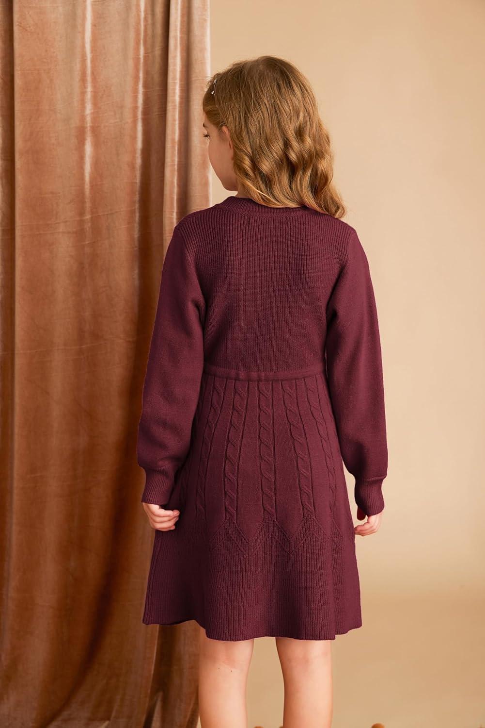 imageGRACE KARIN Girls Sweater Dress Fall Winter Long Sleeve Kids Fashion Drawstring Waist Cable Knit Dresses Size 512Wine Red