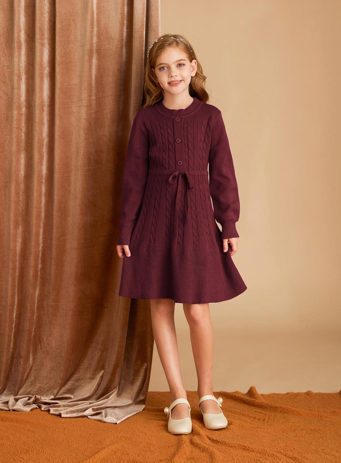 imageGRACE KARIN Girls Sweater Dress Fall Winter Long Sleeve Kids Fashion Drawstring Waist Cable Knit Dresses Size 512Wine Red