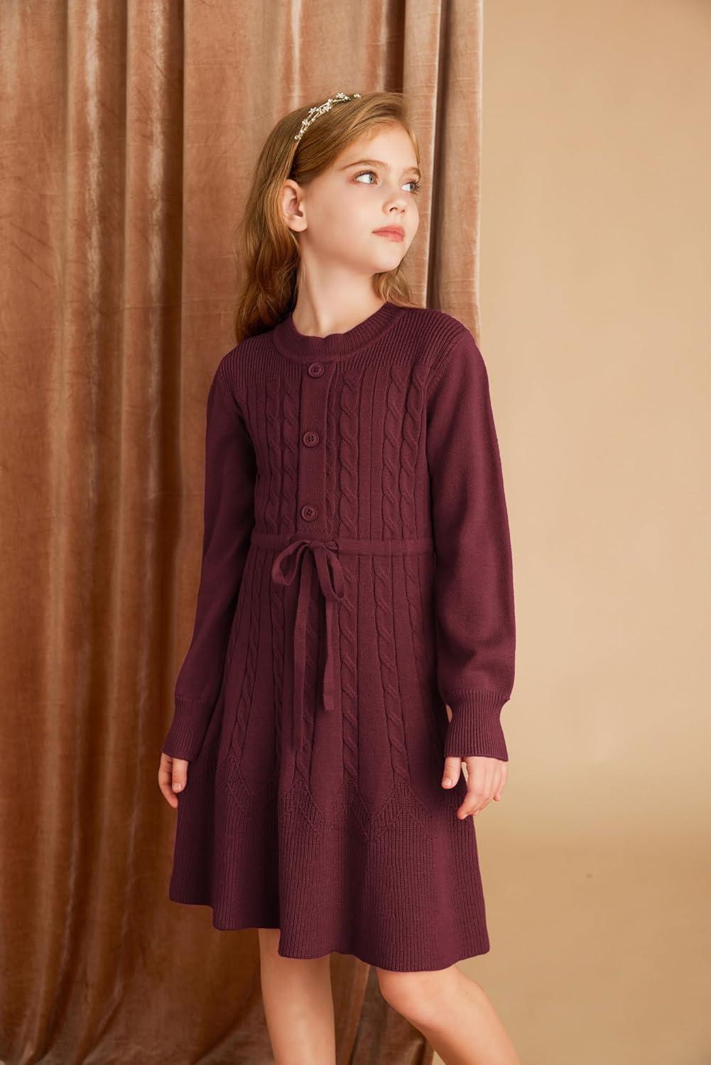 imageGRACE KARIN Girls Sweater Dress Fall Winter Long Sleeve Kids Fashion Drawstring Waist Cable Knit Dresses Size 512Wine Red