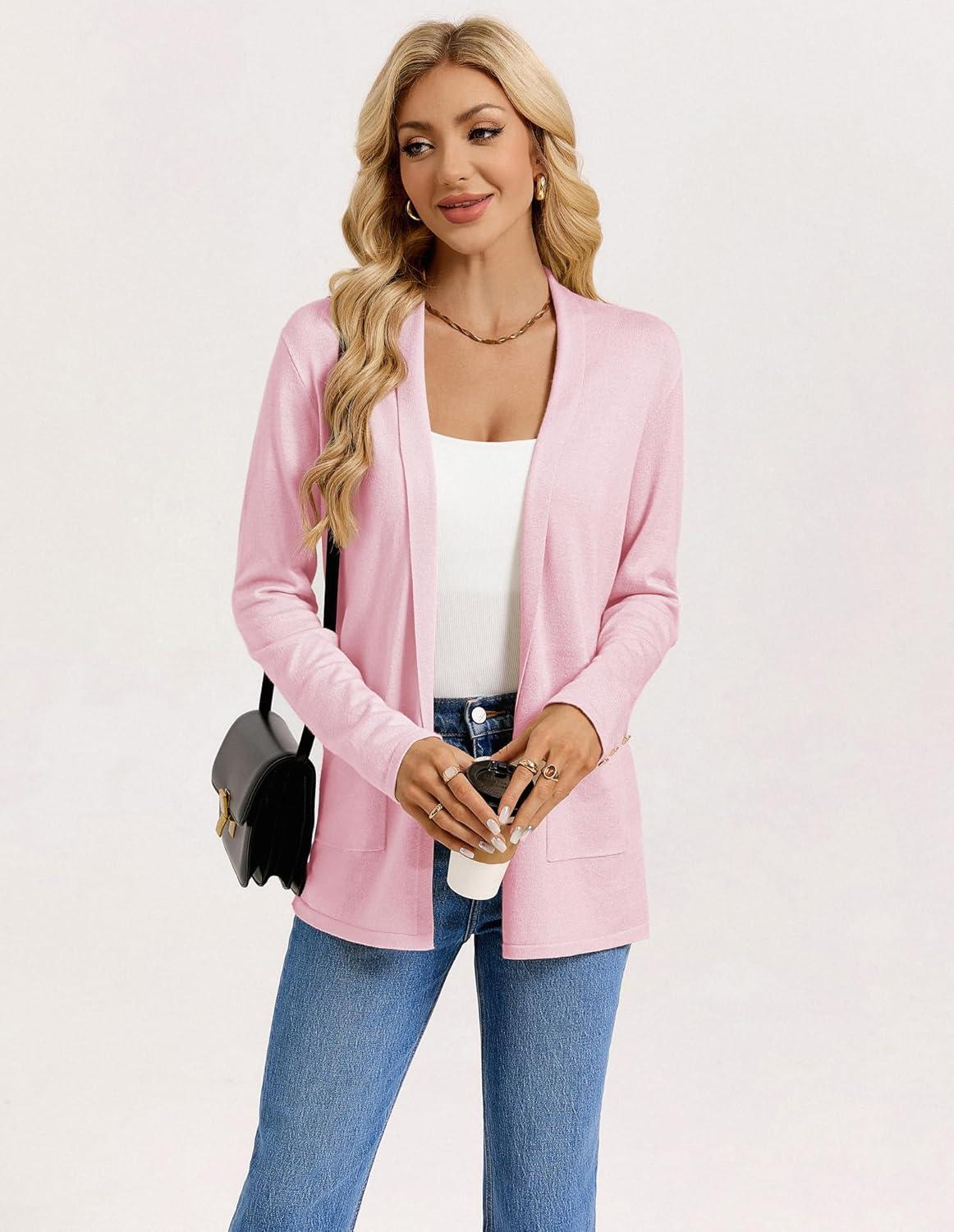 imageGRACE KARIN Long Cardigans for Women Long Sleeve Open Front Cardigan Sweaters Lightweight Spring Jacket with PocketsBlush Pink