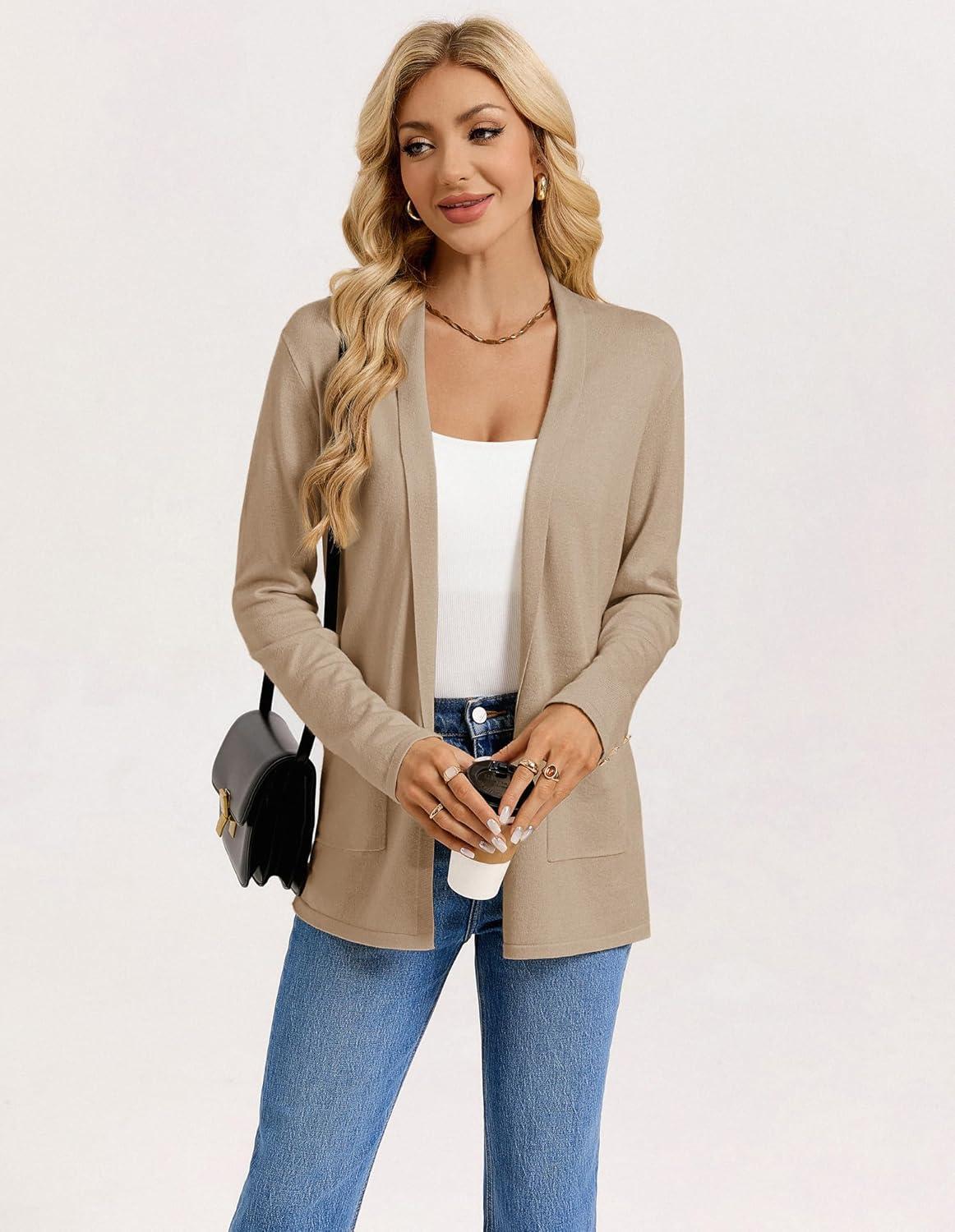 imageGRACE KARIN Long Cardigans for Women Long Sleeve Open Front Cardigan Sweaters Lightweight Spring Jacket with PocketsKhaki
