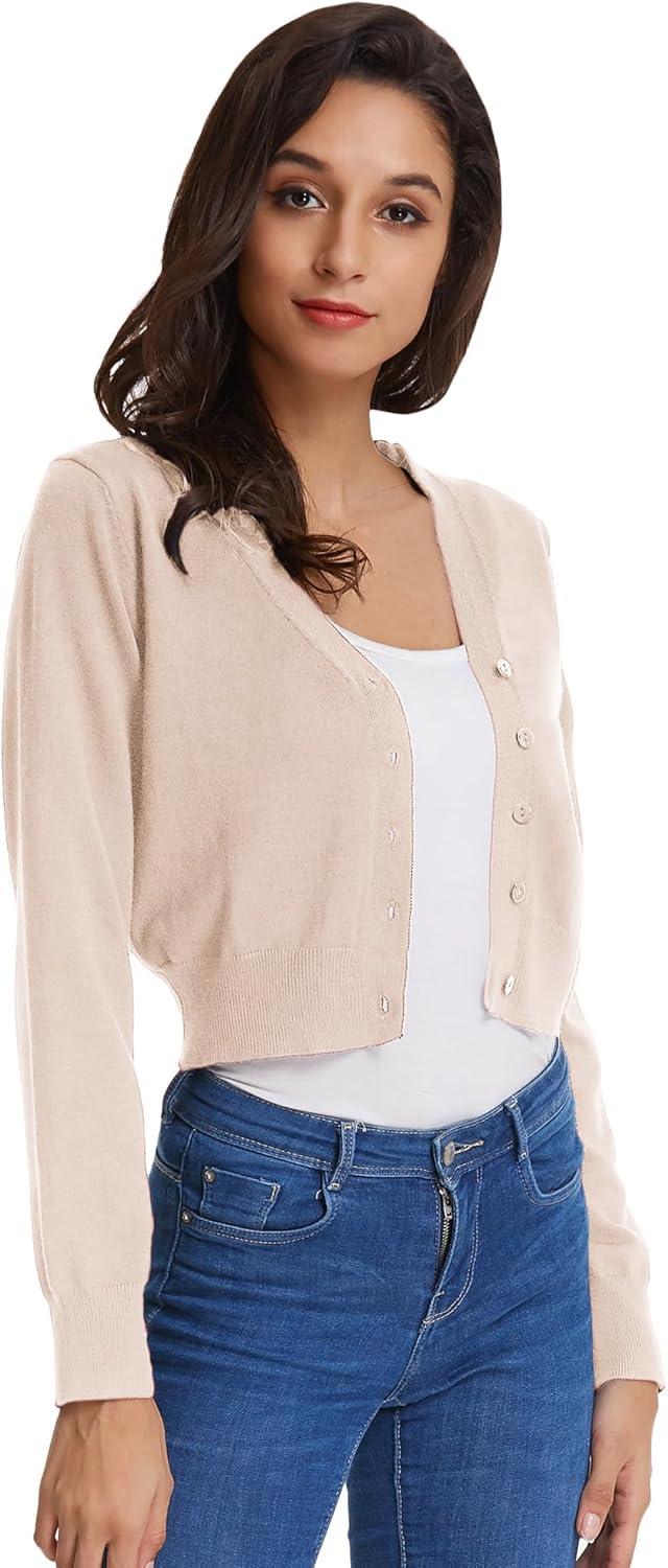 imageGRACE KARIN Long Sleeve Cropped Cardigan Sweaters for Women Lightweight Button Down VNeck Open Front Bolero Shrug JacketLight Apricot