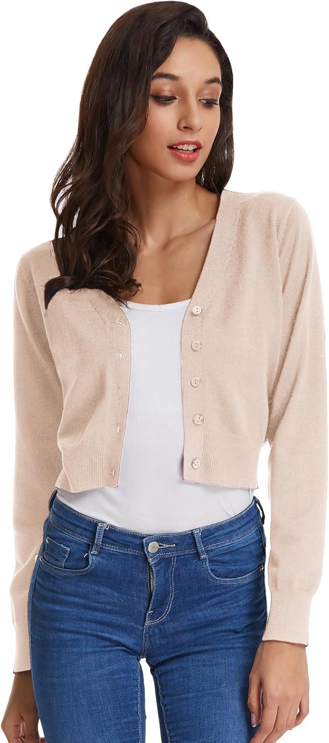 imageGRACE KARIN Long Sleeve Cropped Cardigan Sweaters for Women Lightweight Button Down VNeck Open Front Bolero Shrug JacketLight Apricot