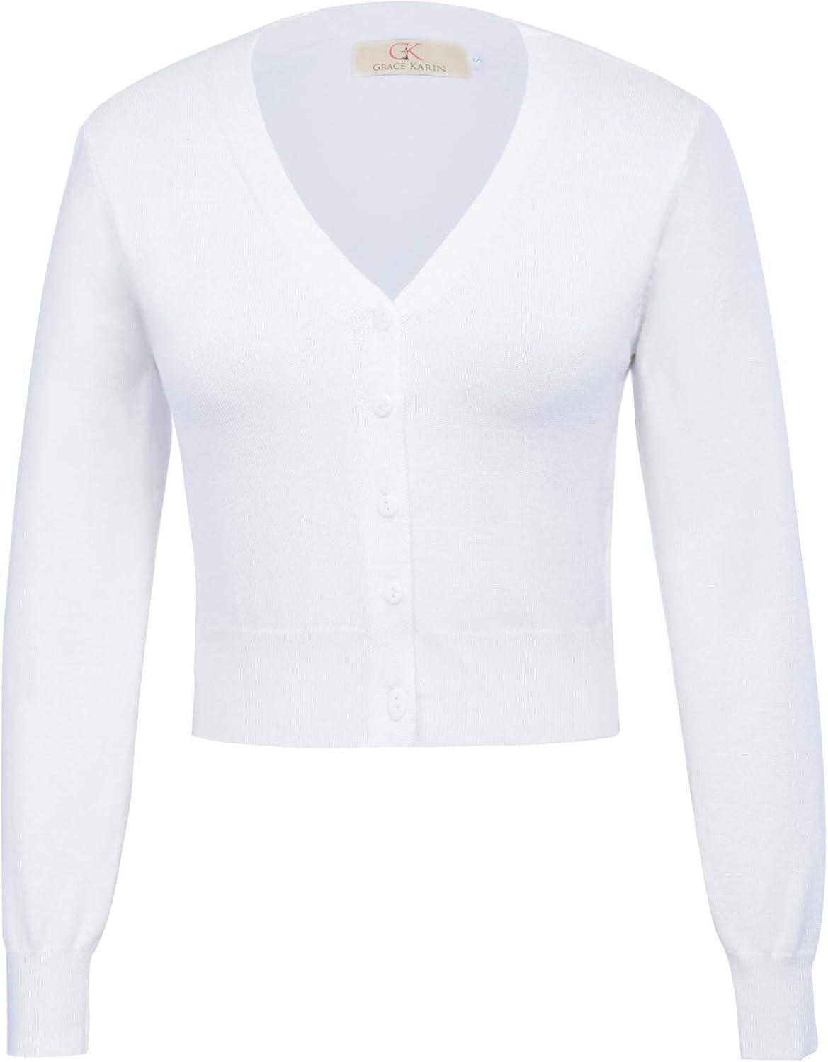 imageGRACE KARIN Long Sleeve Cropped Cardigan Sweaters for Women Lightweight Button Down VNeck Open Front Bolero Shrug JacketWhite