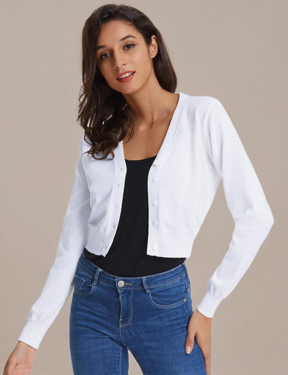 imageGRACE KARIN Long Sleeve Cropped Cardigan Sweaters for Women Lightweight Button Down VNeck Open Front Bolero Shrug JacketWhite