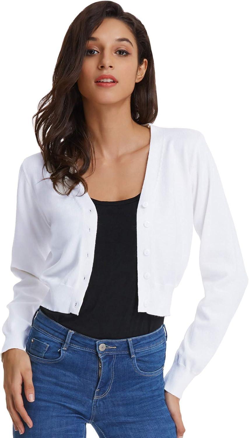 imageGRACE KARIN Long Sleeve Cropped Cardigan Sweaters for Women Lightweight Button Down VNeck Open Front Bolero Shrug JacketWhite