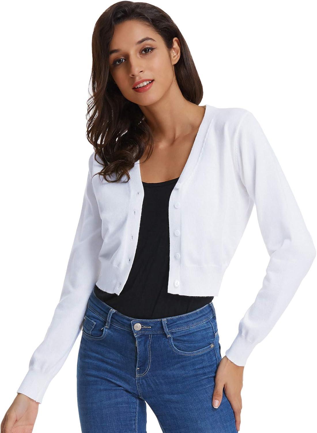 imageGRACE KARIN Long Sleeve Cropped Cardigan Sweaters for Women Lightweight Button Down VNeck Open Front Bolero Shrug JacketWhite