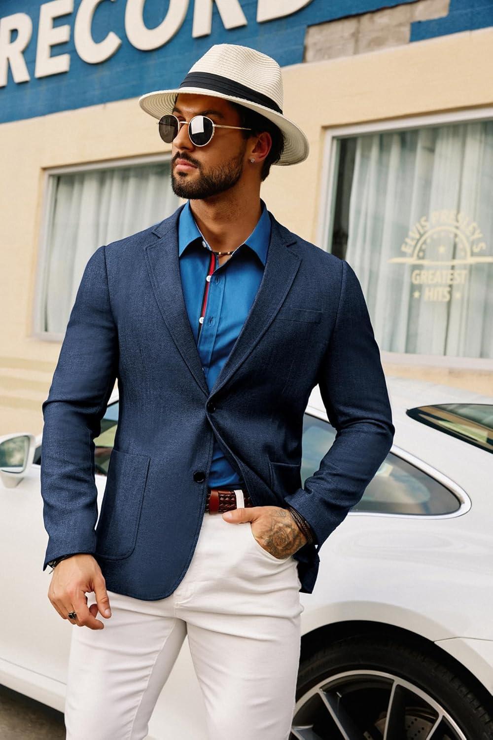 imageGRACE KARIN Mens Blazer Sport Coats Casual Lightweight 2 Button Sports Coat and Blazers Suit JacketDark Denim Blue