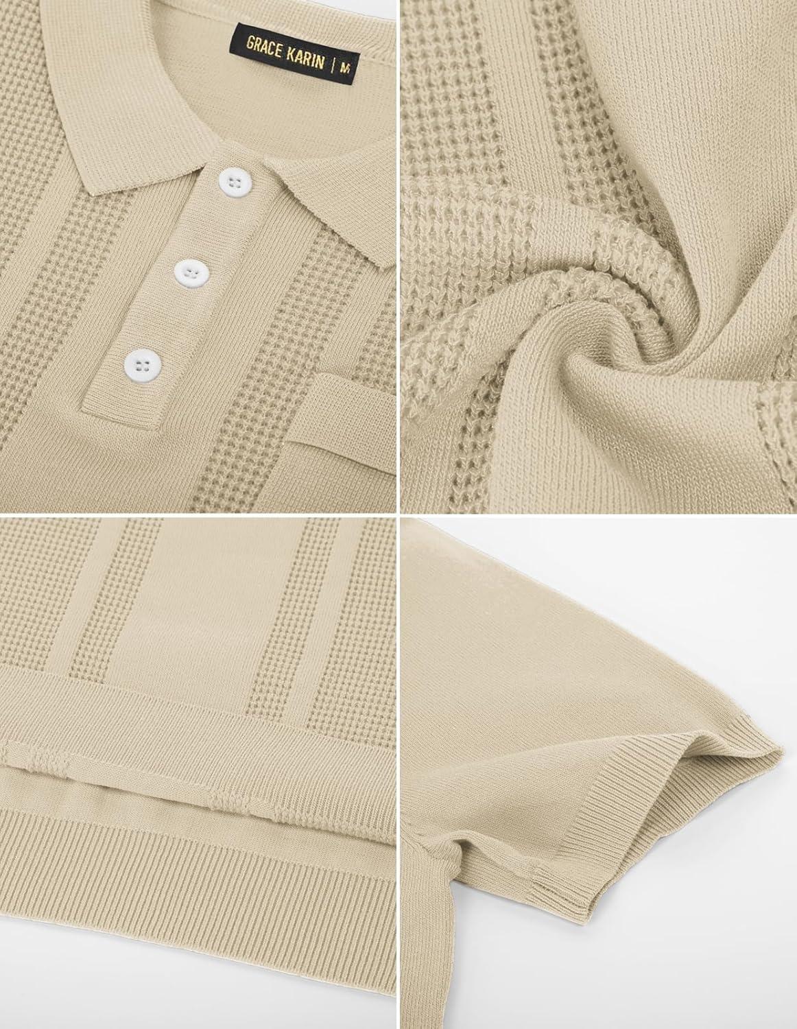 imageGRACE KARIN Mens Breathable Polo Shirts Short Sleeve Lightweight Knit Texture Golf Shirts KnitwearApricot
