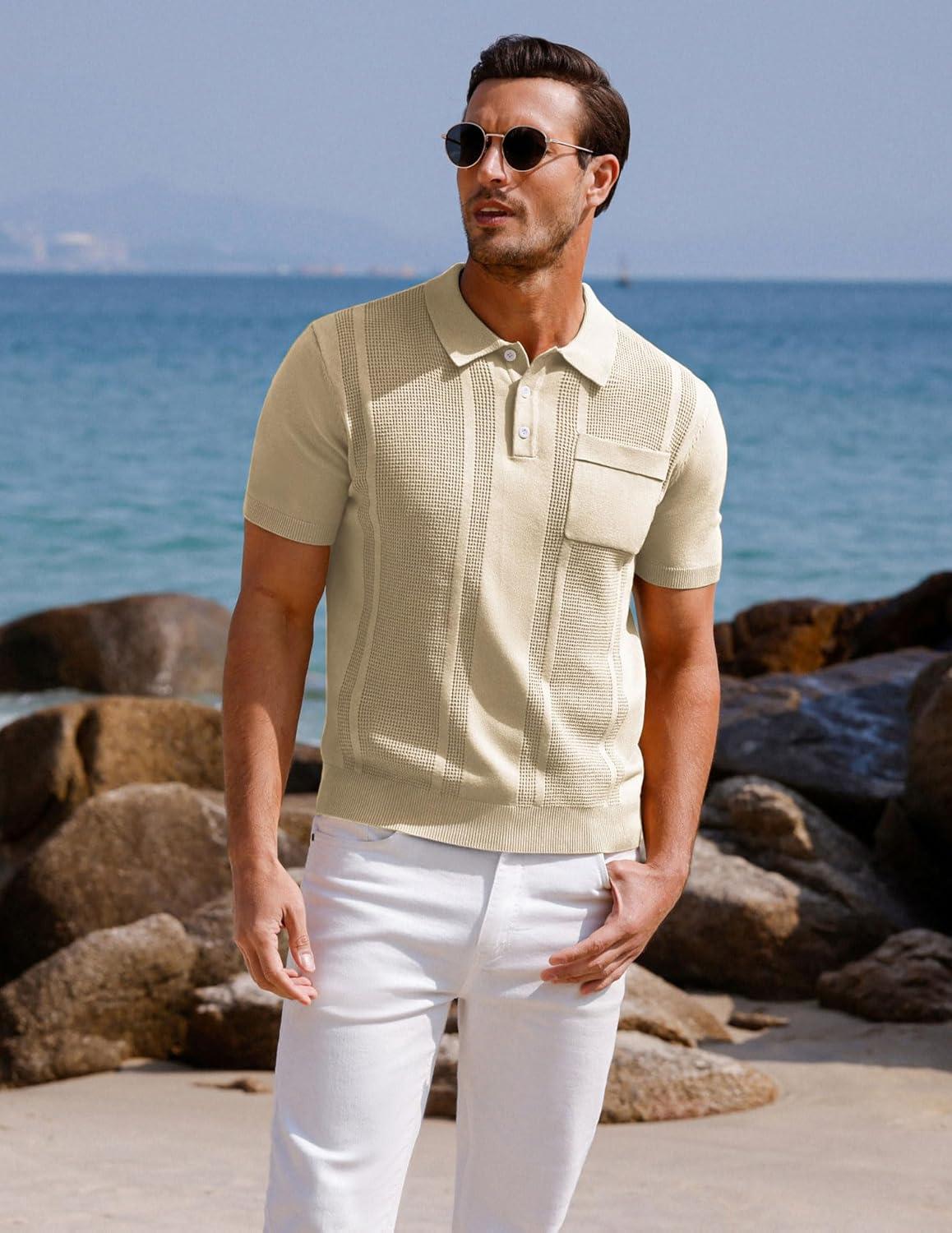imageGRACE KARIN Mens Breathable Polo Shirts Short Sleeve Lightweight Knit Texture Golf Shirts KnitwearApricot