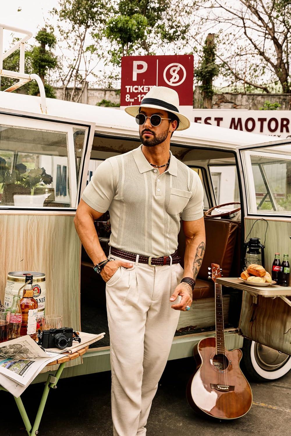 imageGRACE KARIN Mens Breathable Polo Shirts Short Sleeve Lightweight Knit Texture Golf Shirts KnitwearApricot