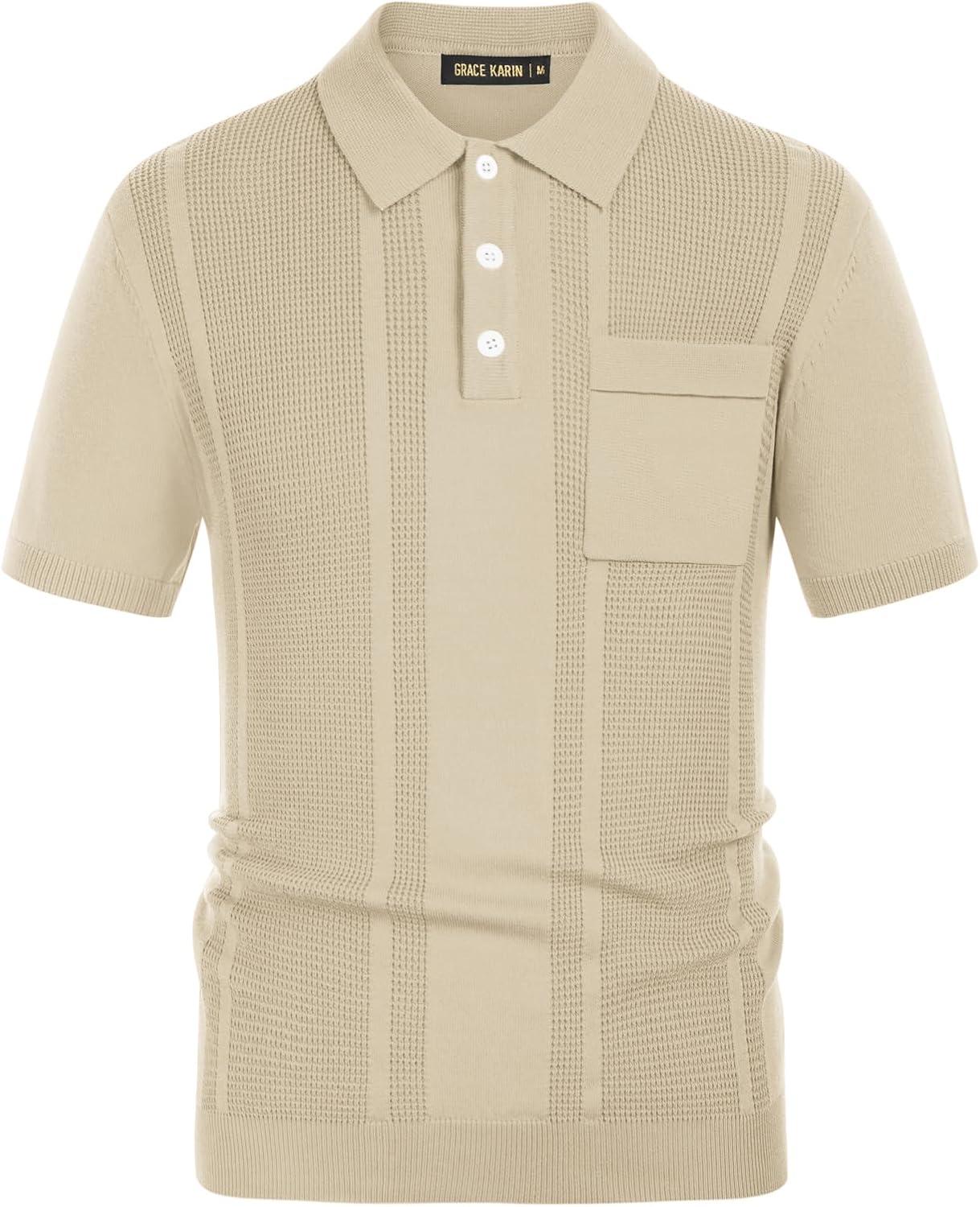 imageGRACE KARIN Mens Breathable Polo Shirts Short Sleeve Lightweight Knit Texture Golf Shirts KnitwearApricot