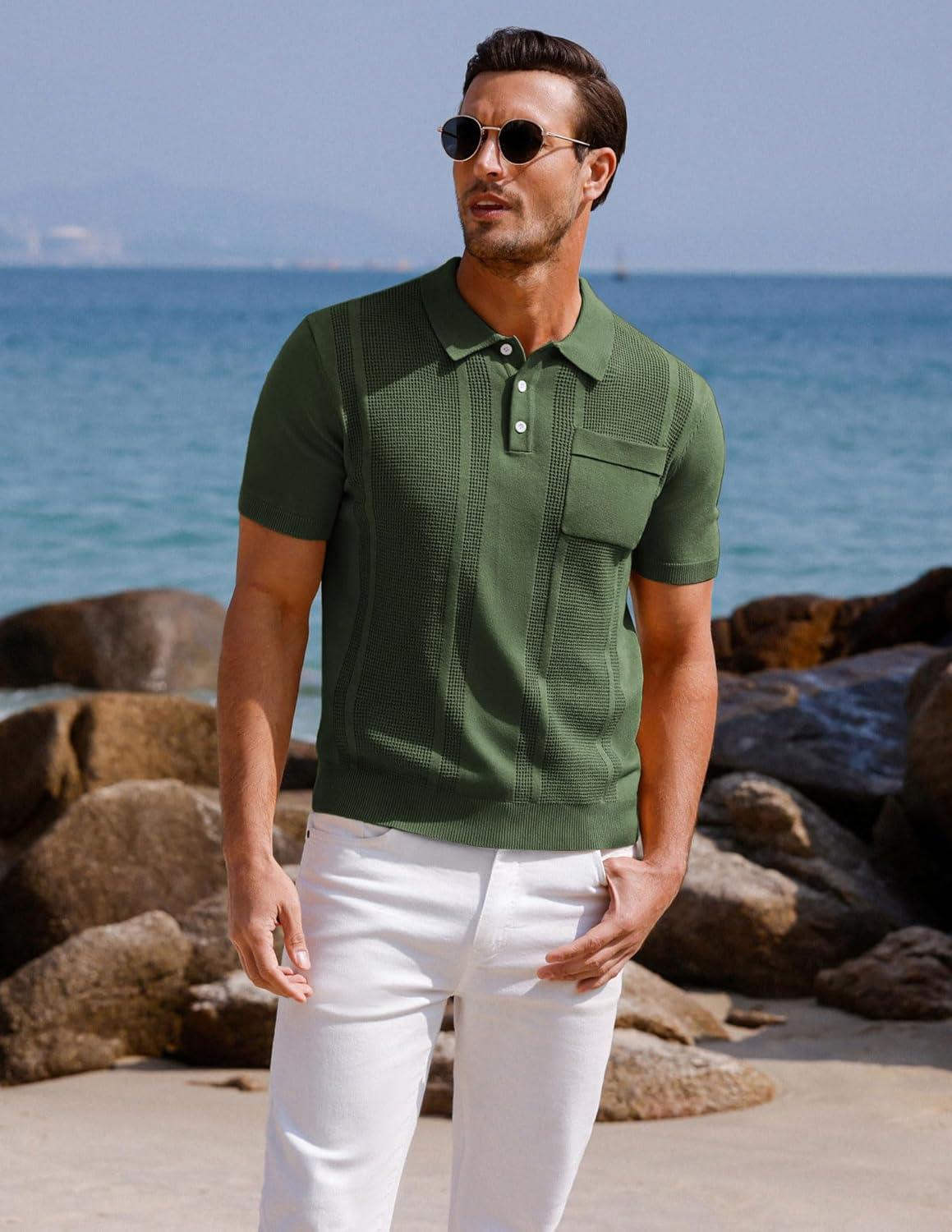 imageGRACE KARIN Mens Breathable Polo Shirts Short Sleeve Lightweight Knit Texture Golf Shirts KnitwearArmy Green