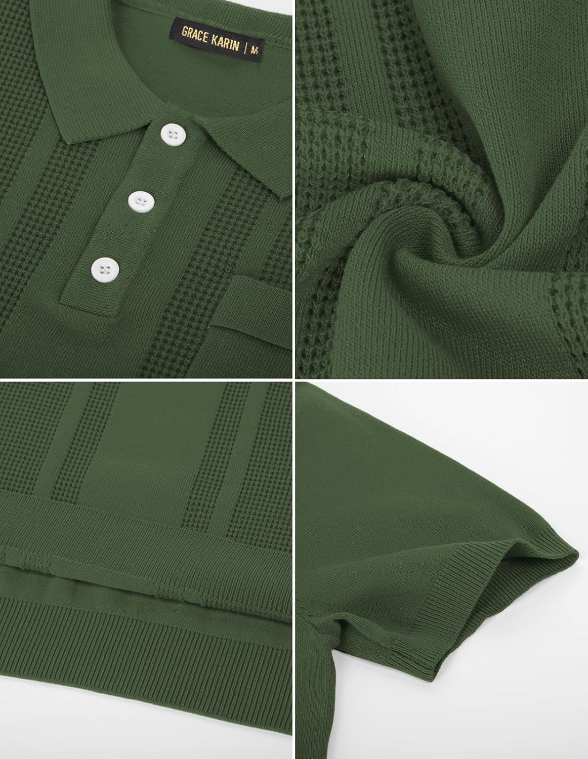 imageGRACE KARIN Mens Breathable Polo Shirts Short Sleeve Lightweight Knit Texture Golf Shirts KnitwearArmy Green