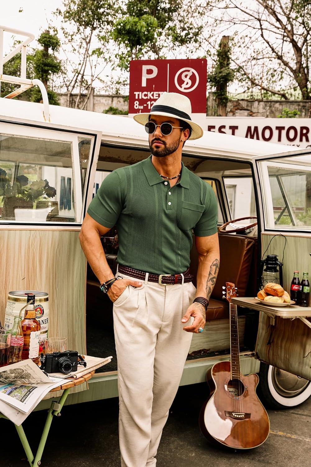 imageGRACE KARIN Mens Breathable Polo Shirts Short Sleeve Lightweight Knit Texture Golf Shirts KnitwearArmy Green