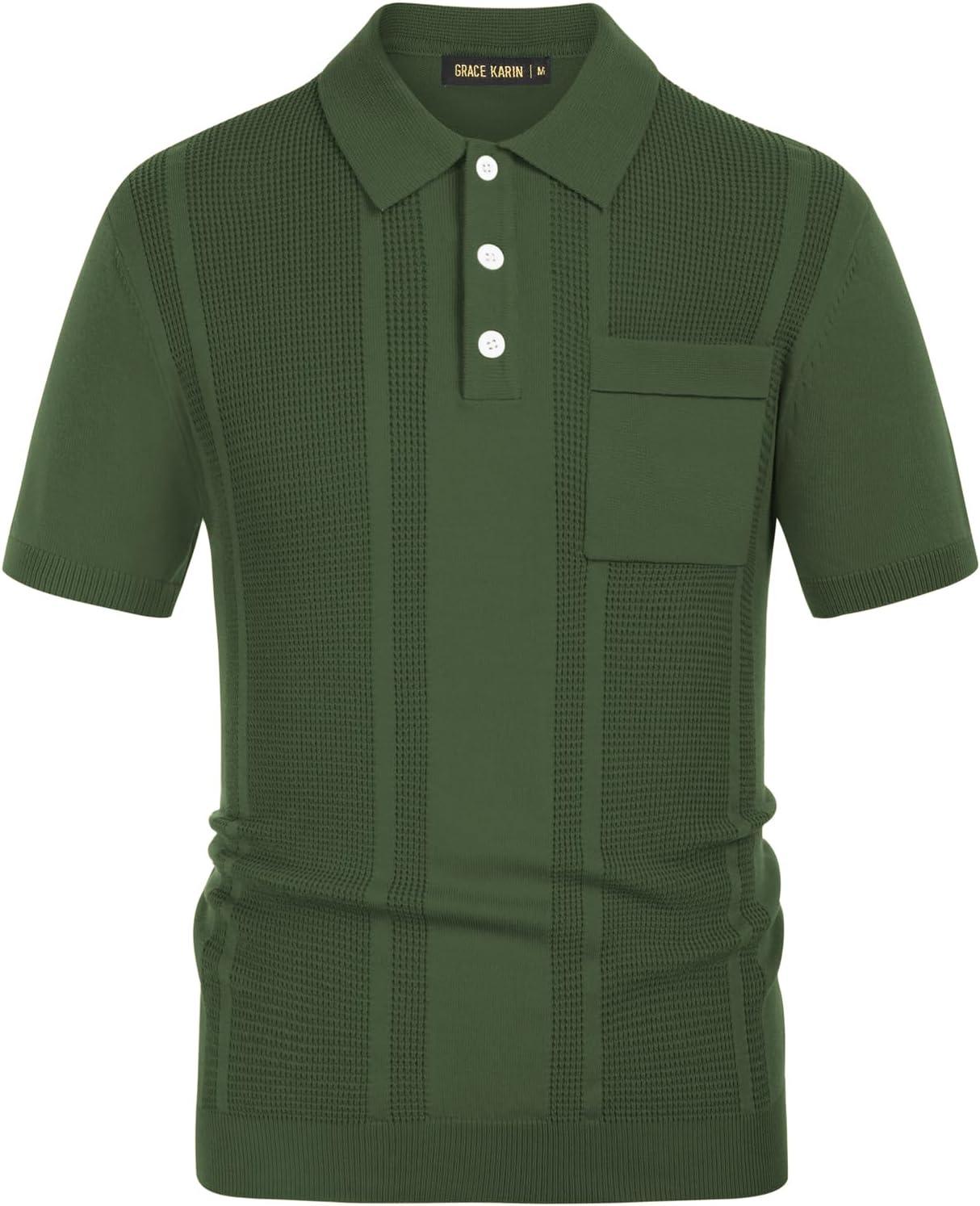 imageGRACE KARIN Mens Breathable Polo Shirts Short Sleeve Lightweight Knit Texture Golf Shirts KnitwearArmy Green