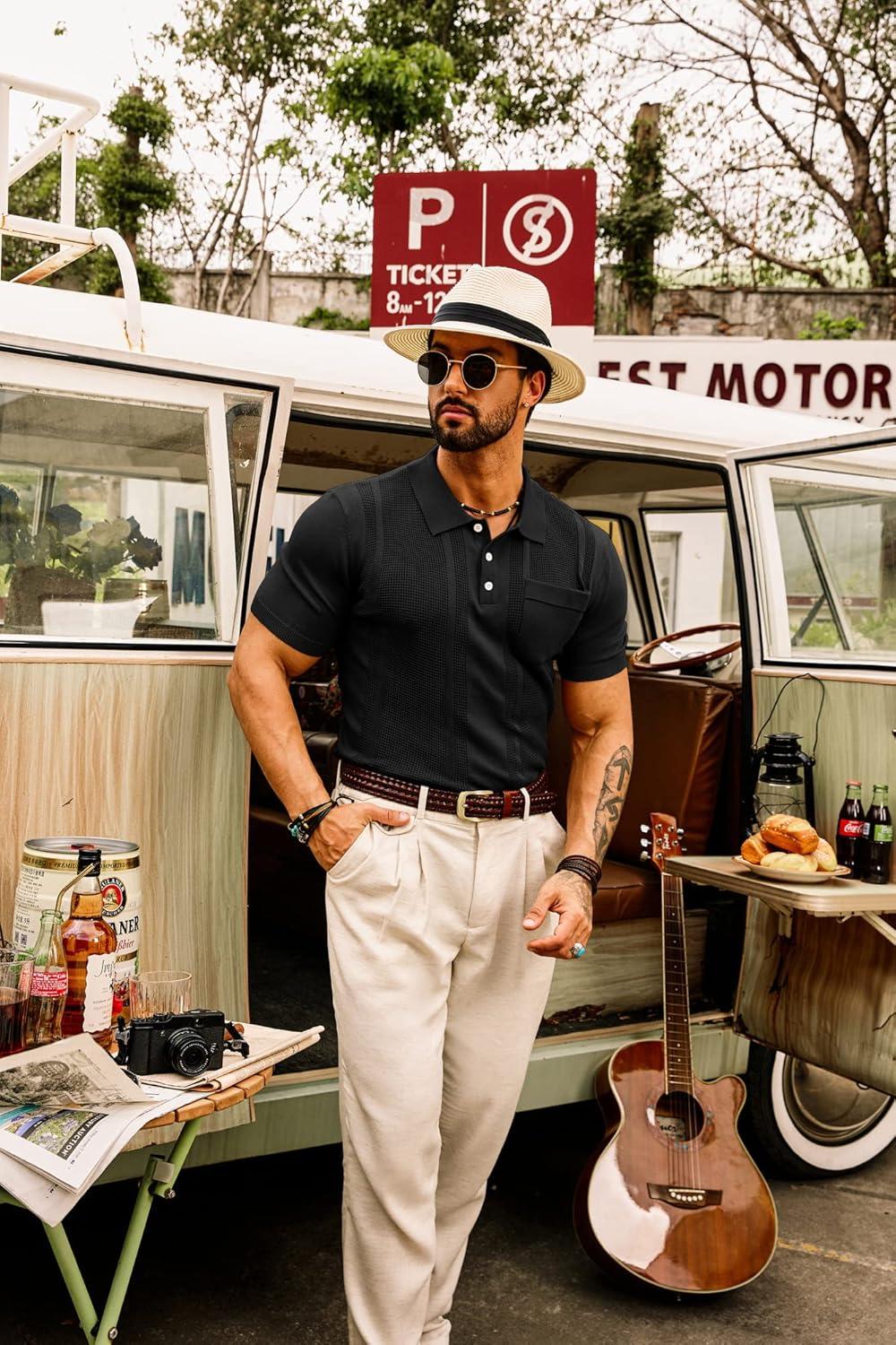 imageGRACE KARIN Mens Breathable Polo Shirts Short Sleeve Lightweight Knit Texture Golf Shirts KnitwearBlack