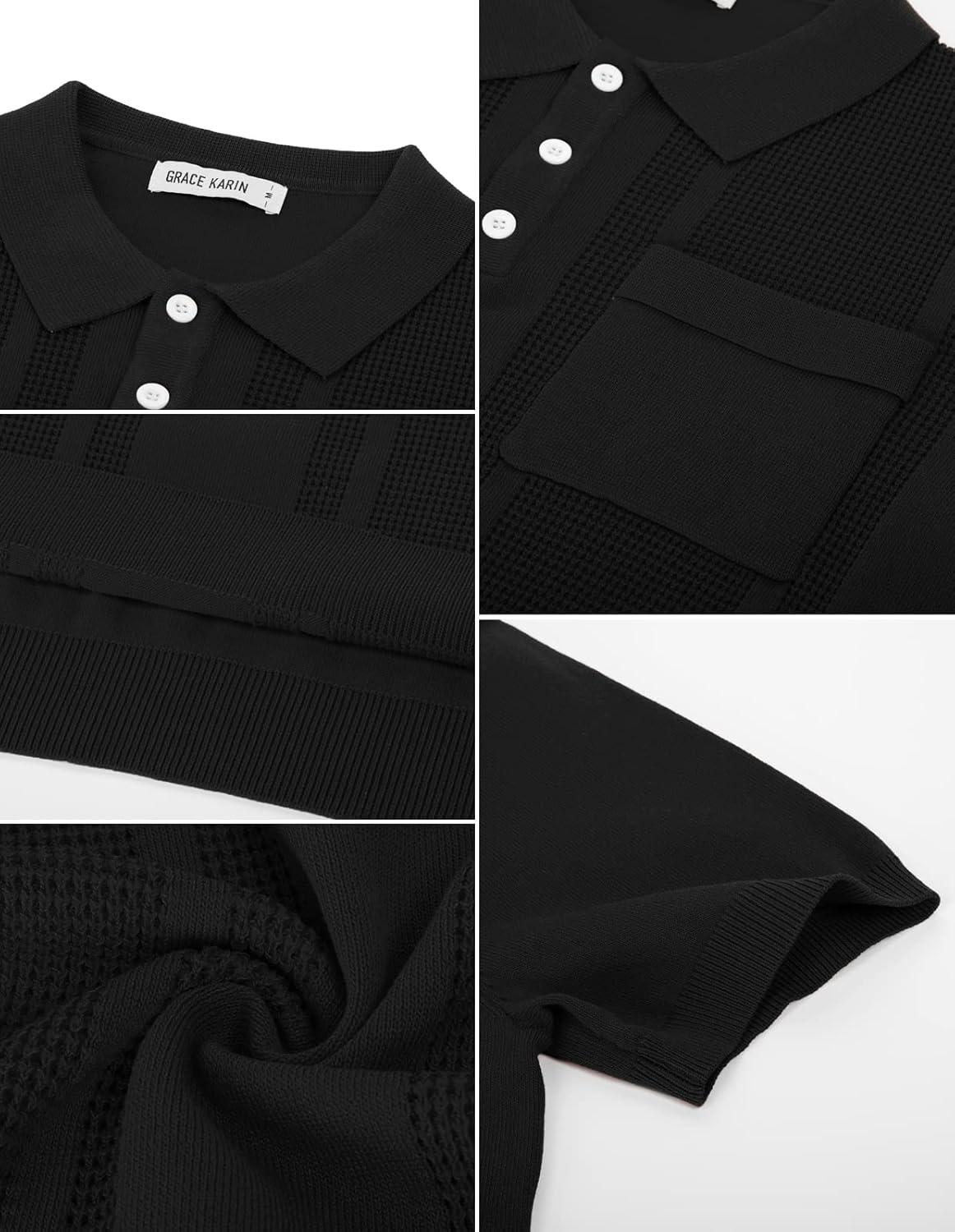 imageGRACE KARIN Mens Breathable Polo Shirts Short Sleeve Lightweight Knit Texture Golf Shirts KnitwearBlack