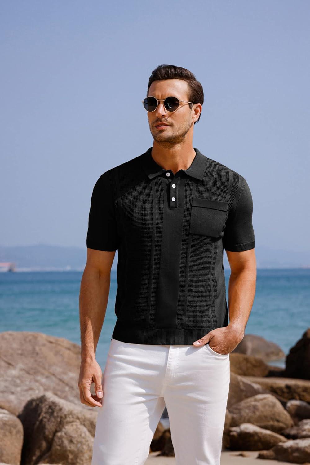 imageGRACE KARIN Mens Breathable Polo Shirts Short Sleeve Lightweight Knit Texture Golf Shirts KnitwearBlack
