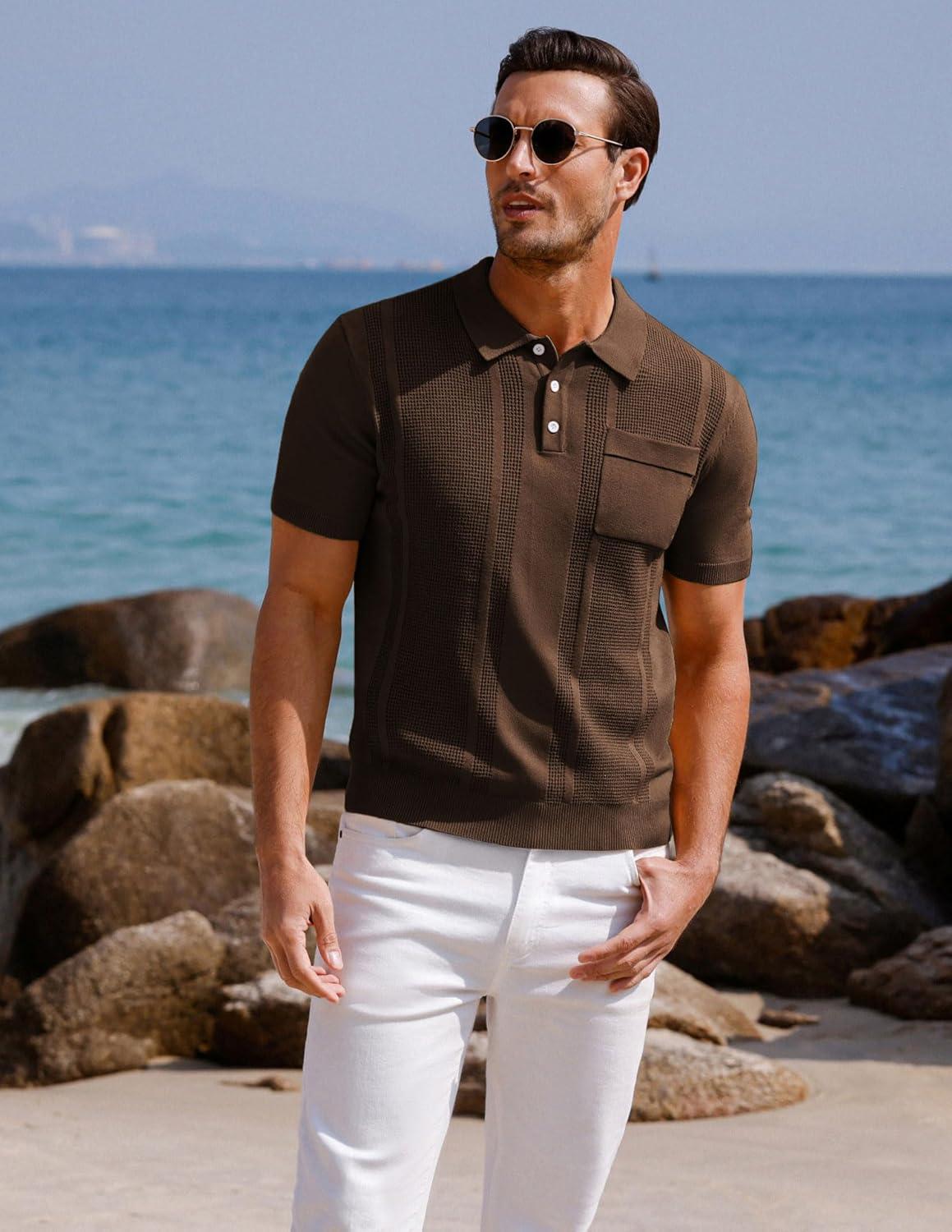 imageGRACE KARIN Mens Breathable Polo Shirts Short Sleeve Lightweight Knit Texture Golf Shirts KnitwearCoffee