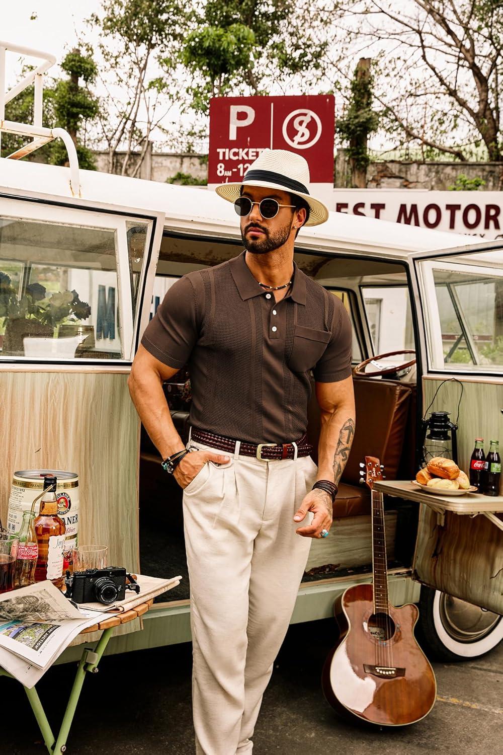 imageGRACE KARIN Mens Breathable Polo Shirts Short Sleeve Lightweight Knit Texture Golf Shirts KnitwearCoffee
