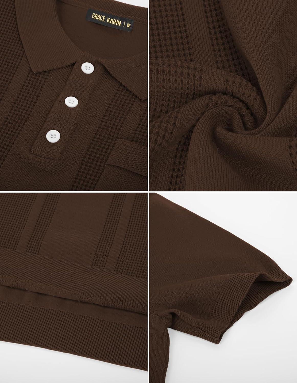 imageGRACE KARIN Mens Breathable Polo Shirts Short Sleeve Lightweight Knit Texture Golf Shirts KnitwearCoffee