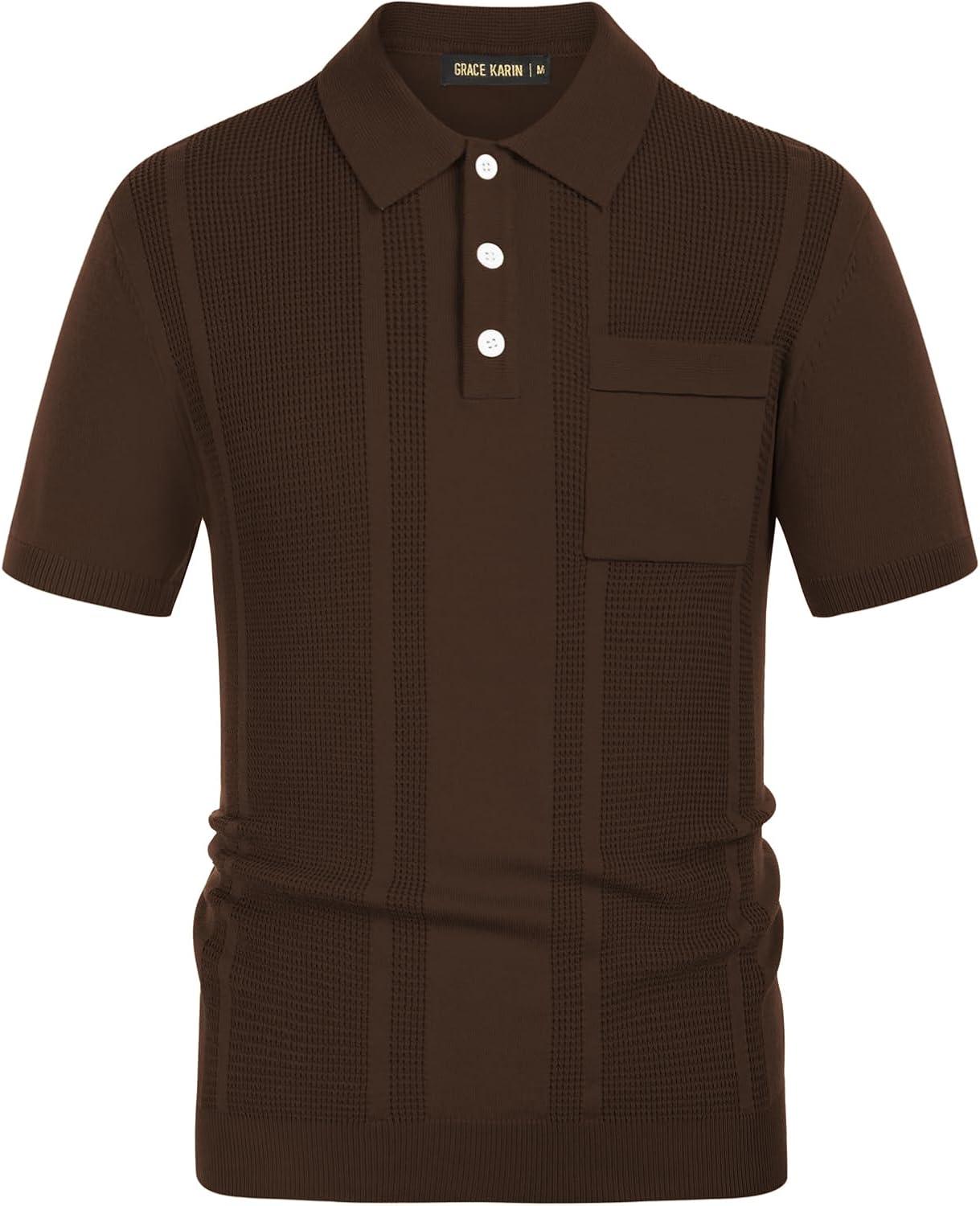 imageGRACE KARIN Mens Breathable Polo Shirts Short Sleeve Lightweight Knit Texture Golf Shirts KnitwearCoffee