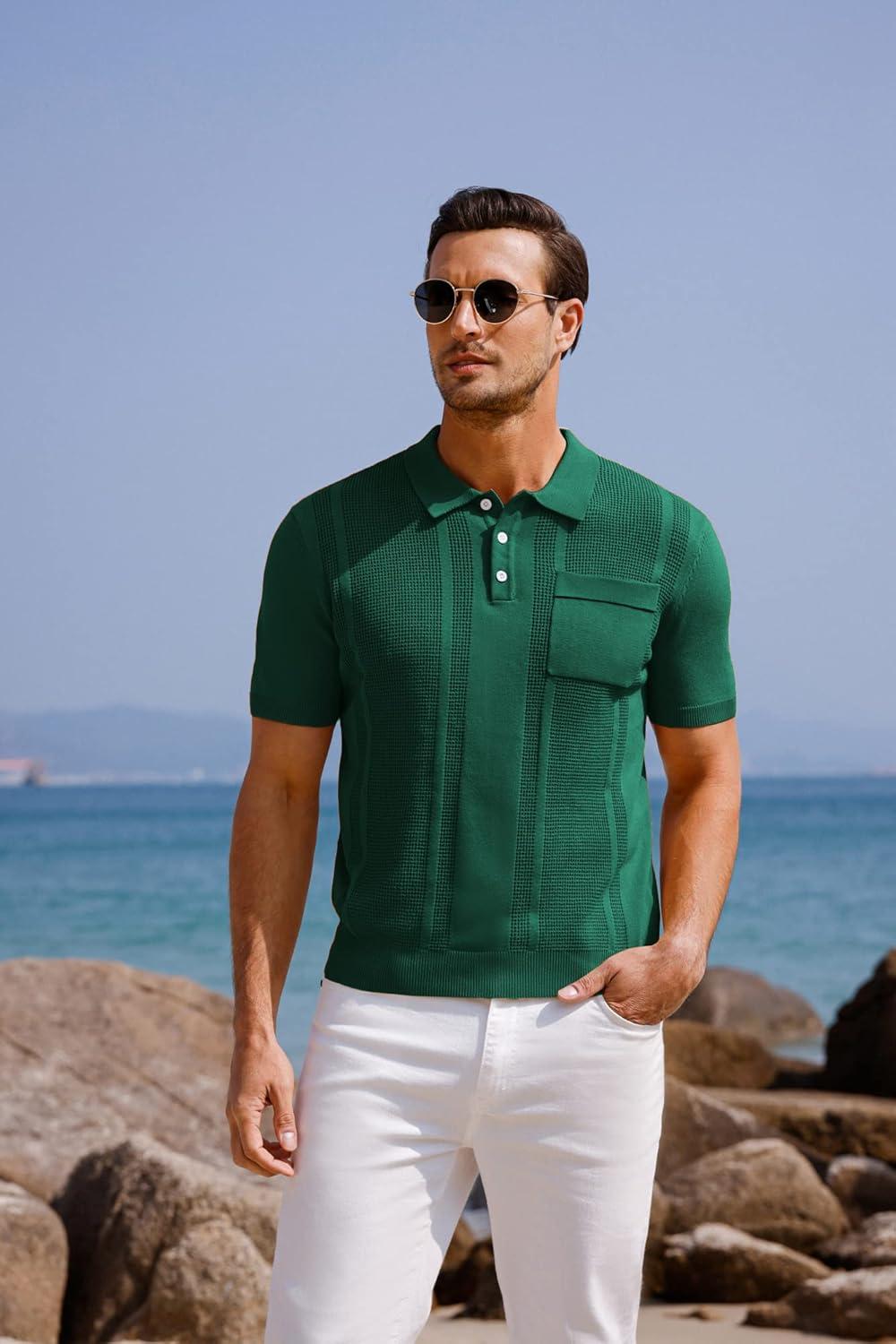 imageGRACE KARIN Mens Breathable Polo Shirts Short Sleeve Lightweight Knit Texture Golf Shirts KnitwearDeep Green