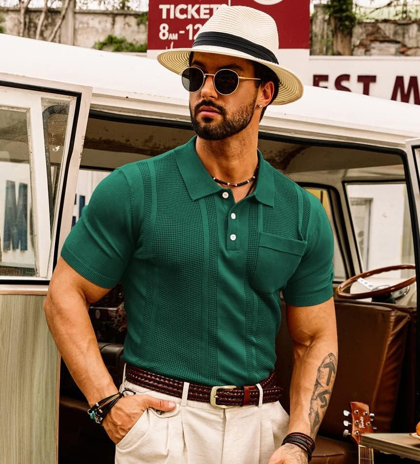 imageGRACE KARIN Mens Breathable Polo Shirts Short Sleeve Lightweight Knit Texture Golf Shirts KnitwearDeep Green
