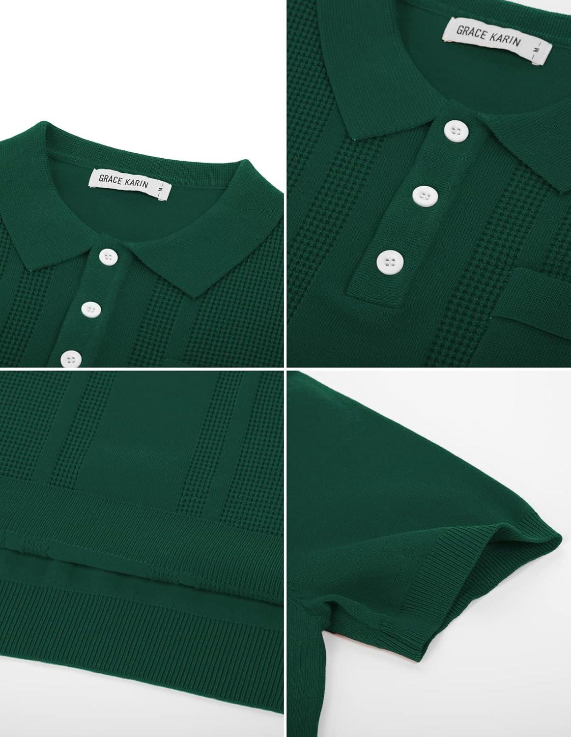 imageGRACE KARIN Mens Breathable Polo Shirts Short Sleeve Lightweight Knit Texture Golf Shirts KnitwearDeep Green