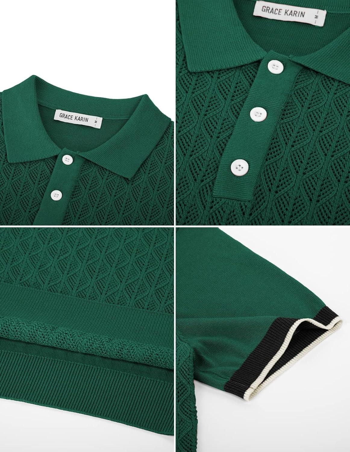 imageGRACE KARIN Mens Breathable Polo Shirts Short Sleeve Lightweight Knit Texture Golf Shirts KnitwearGreen