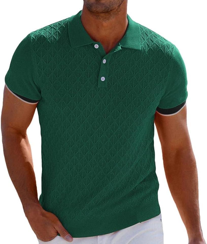 imageGRACE KARIN Mens Breathable Polo Shirts Short Sleeve Lightweight Knit Texture Golf Shirts KnitwearGreen
