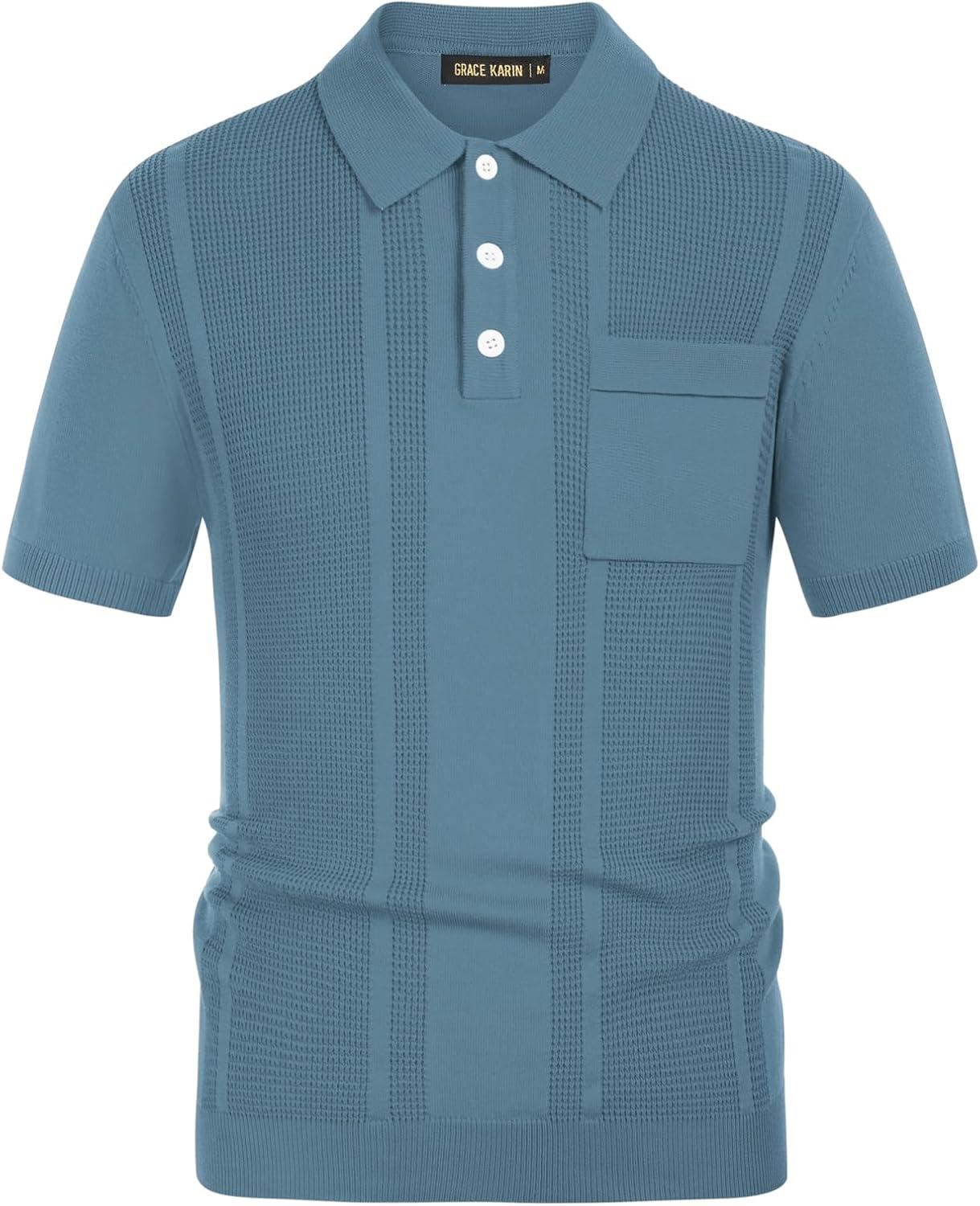 imageGRACE KARIN Mens Breathable Polo Shirts Short Sleeve Lightweight Knit Texture Golf Shirts KnitwearGrey Blue