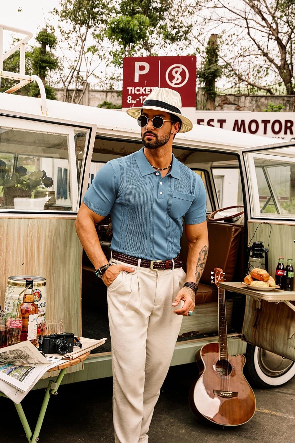 imageGRACE KARIN Mens Breathable Polo Shirts Short Sleeve Lightweight Knit Texture Golf Shirts KnitwearGrey Blue
