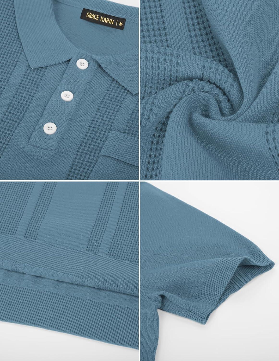 imageGRACE KARIN Mens Breathable Polo Shirts Short Sleeve Lightweight Knit Texture Golf Shirts KnitwearGrey Blue