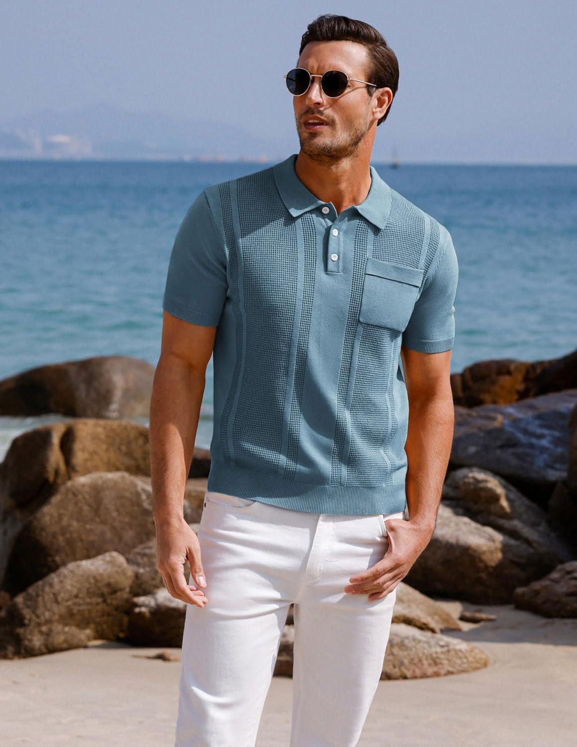 imageGRACE KARIN Mens Breathable Polo Shirts Short Sleeve Lightweight Knit Texture Golf Shirts KnitwearGrey Blue