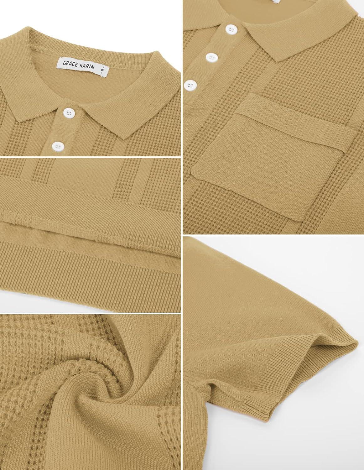 imageGRACE KARIN Mens Breathable Polo Shirts Short Sleeve Lightweight Knit Texture Golf Shirts KnitwearKhaki
