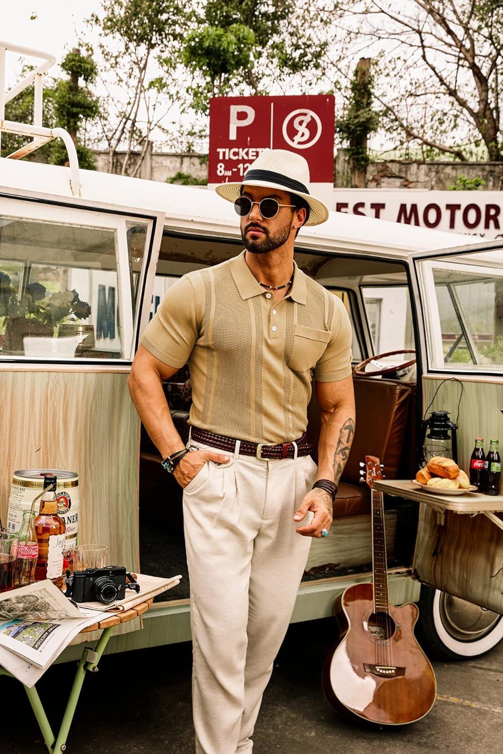 imageGRACE KARIN Mens Breathable Polo Shirts Short Sleeve Lightweight Knit Texture Golf Shirts KnitwearKhaki
