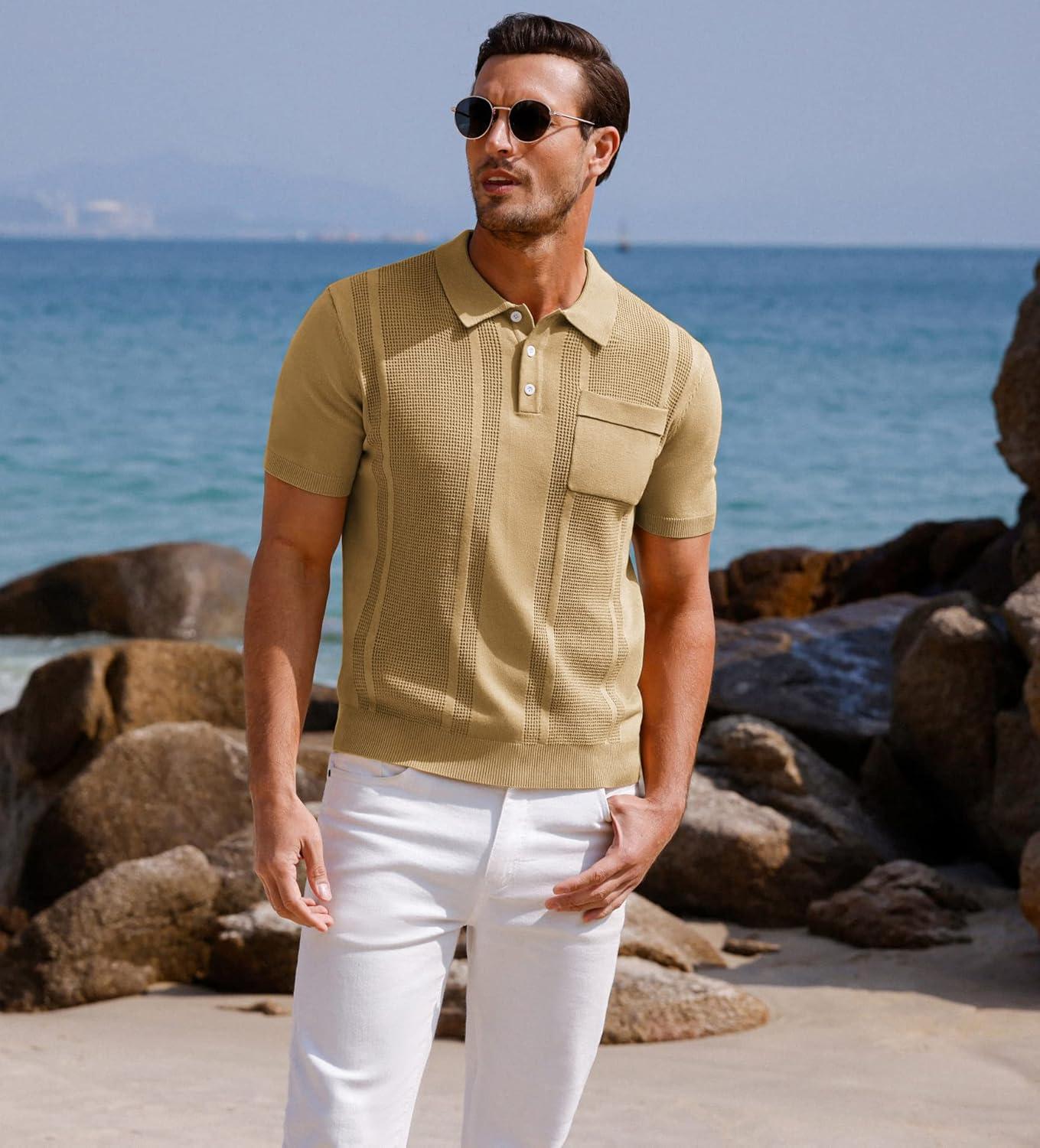 imageGRACE KARIN Mens Breathable Polo Shirts Short Sleeve Lightweight Knit Texture Golf Shirts KnitwearKhaki