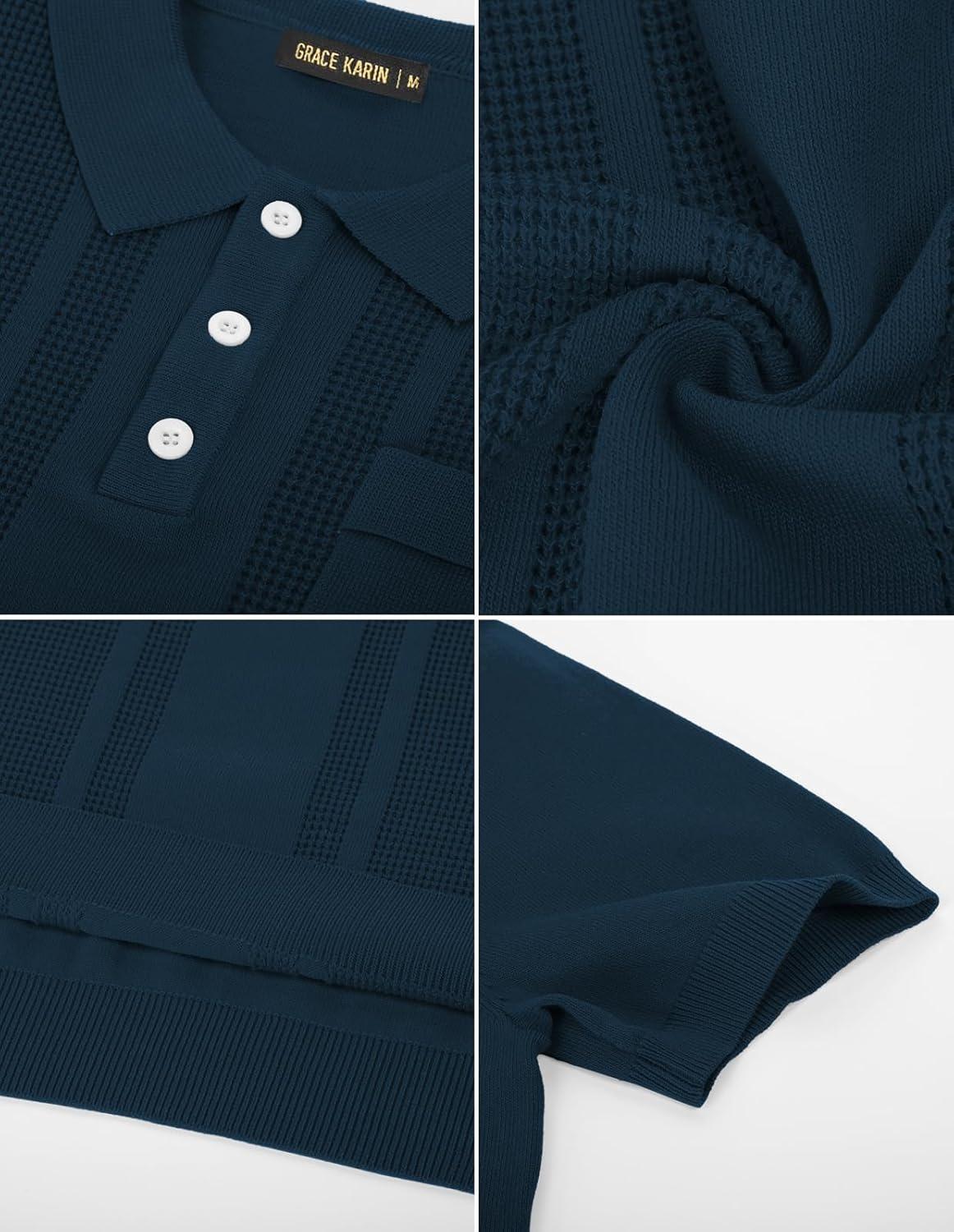 imageGRACE KARIN Mens Breathable Polo Shirts Short Sleeve Lightweight Knit Texture Golf Shirts KnitwearNavy Blue