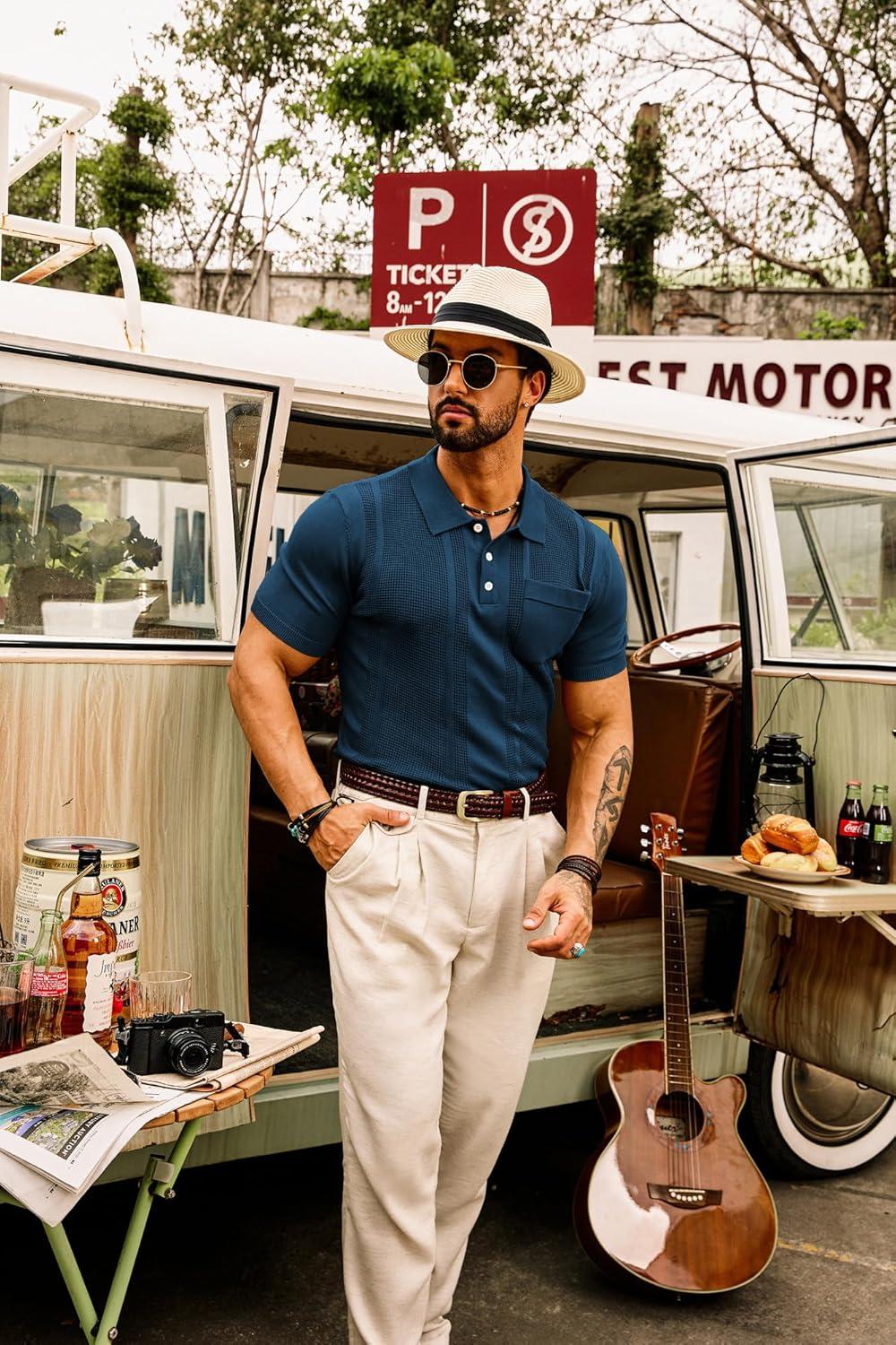 imageGRACE KARIN Mens Breathable Polo Shirts Short Sleeve Lightweight Knit Texture Golf Shirts KnitwearNavy Blue
