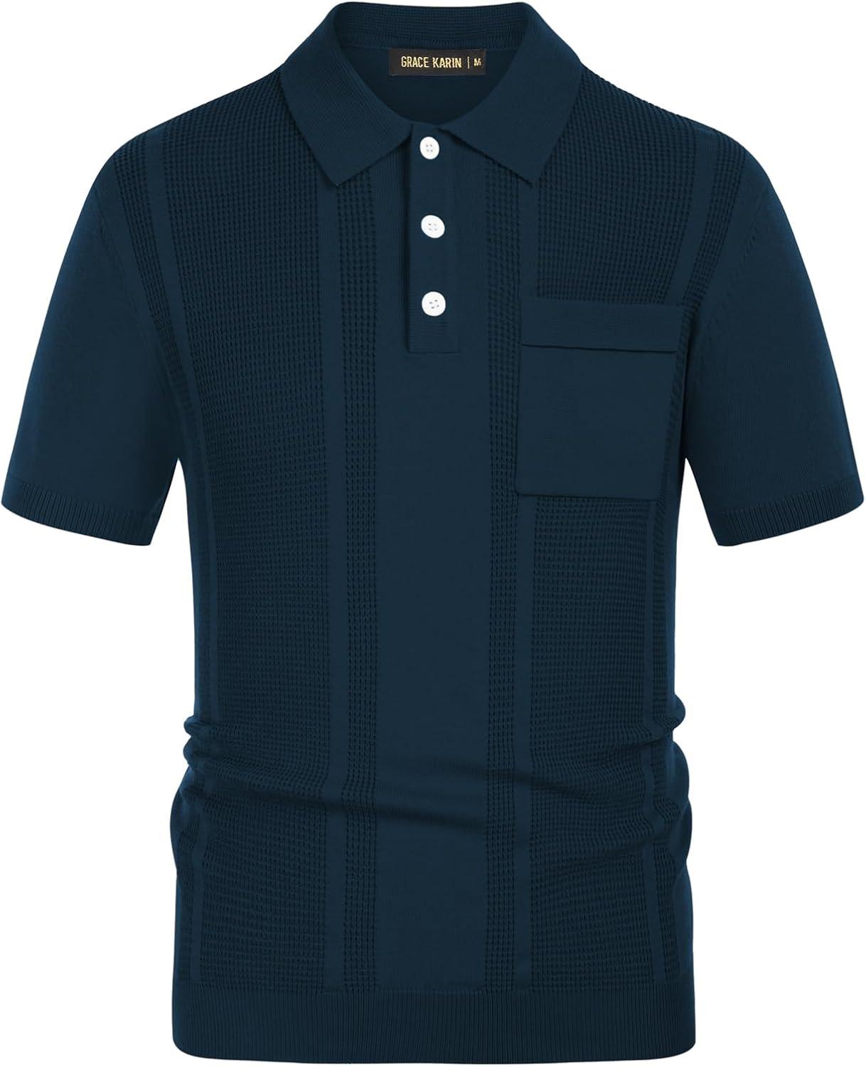 imageGRACE KARIN Mens Breathable Polo Shirts Short Sleeve Lightweight Knit Texture Golf Shirts KnitwearNavy Blue