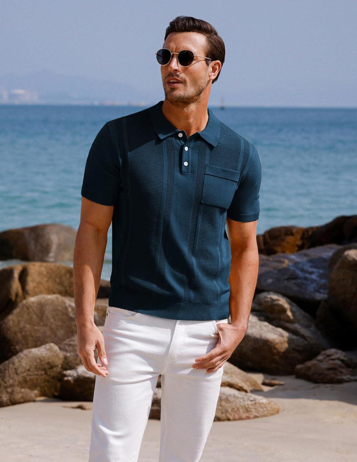 imageGRACE KARIN Mens Breathable Polo Shirts Short Sleeve Lightweight Knit Texture Golf Shirts KnitwearNavy Blue