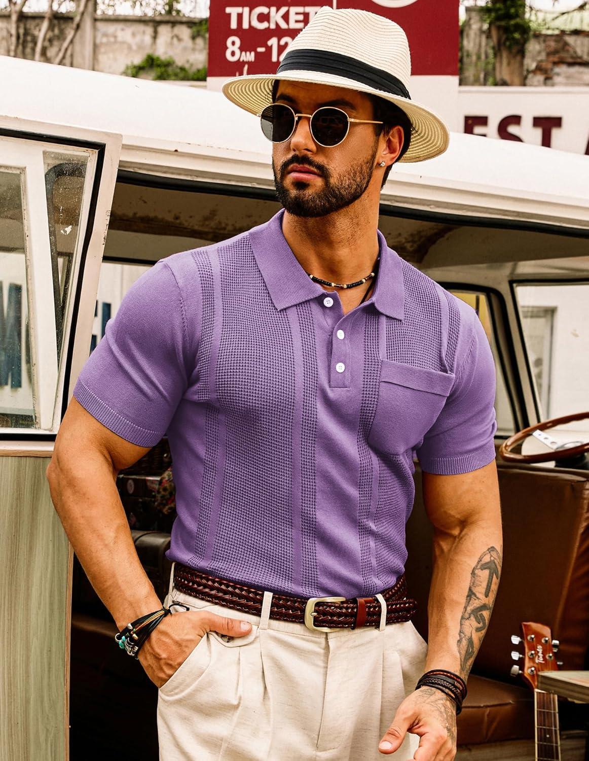 imageGRACE KARIN Mens Breathable Polo Shirts Short Sleeve Lightweight Knit Texture Golf Shirts KnitwearPurple
