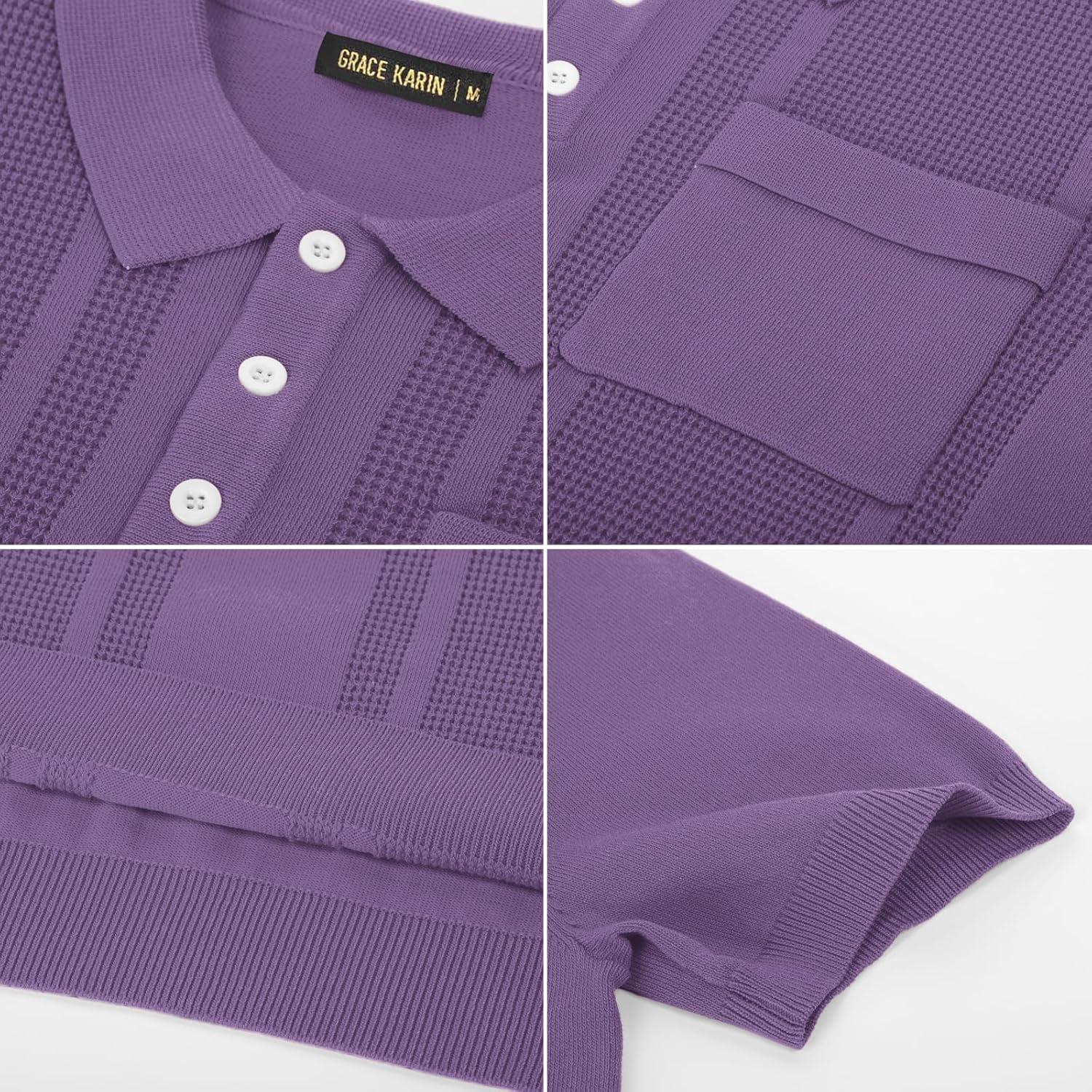 imageGRACE KARIN Mens Breathable Polo Shirts Short Sleeve Lightweight Knit Texture Golf Shirts KnitwearPurple