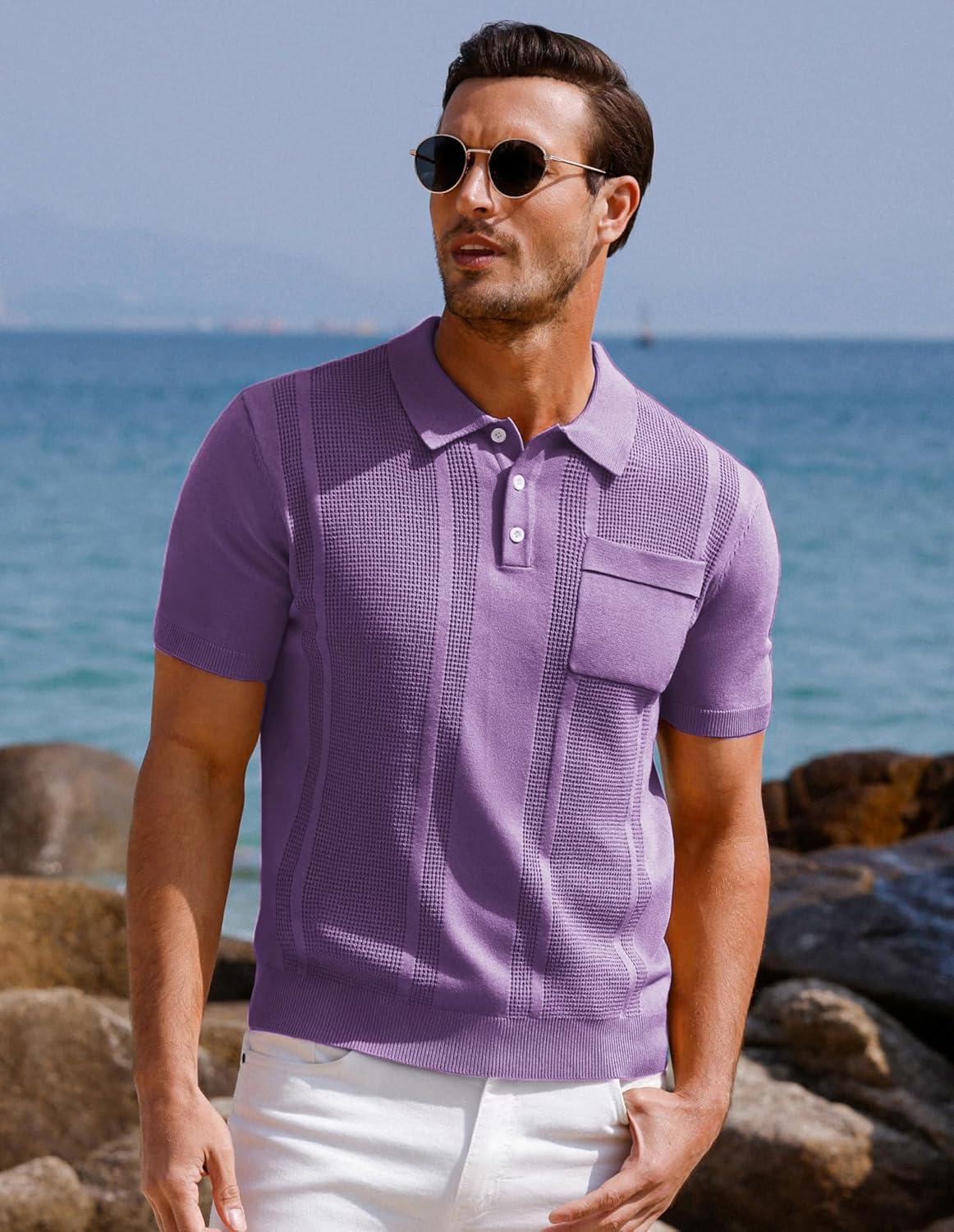 imageGRACE KARIN Mens Breathable Polo Shirts Short Sleeve Lightweight Knit Texture Golf Shirts KnitwearPurple