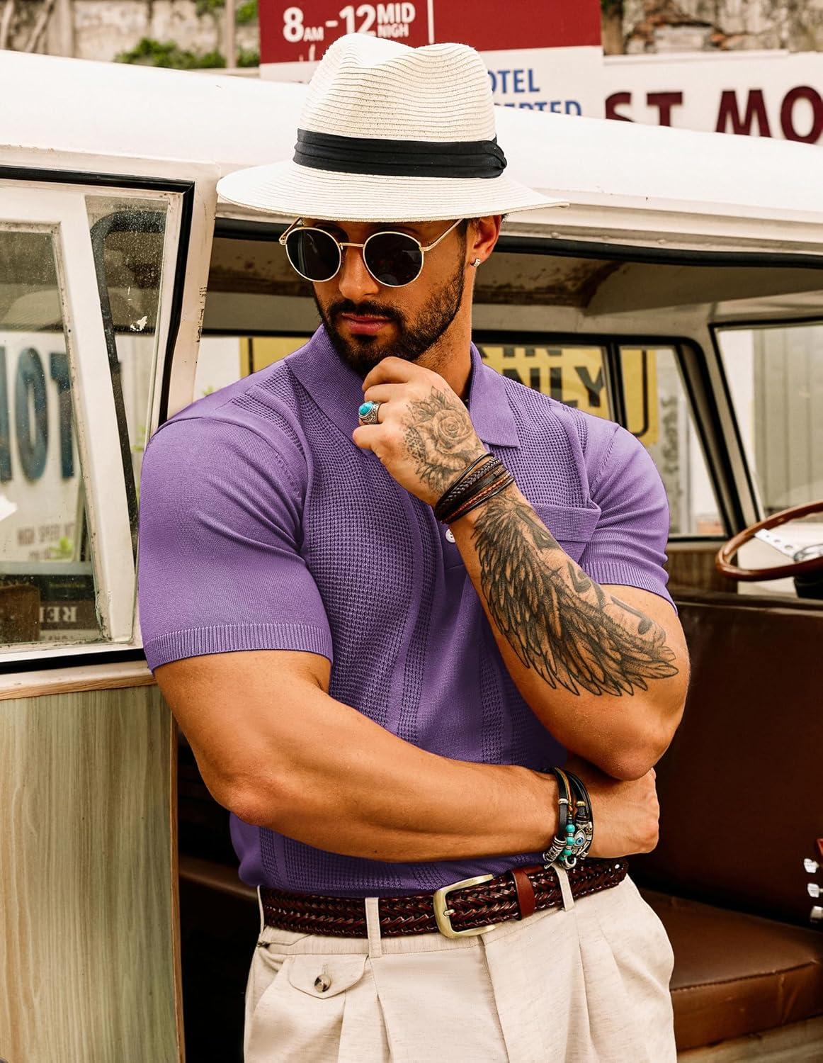 imageGRACE KARIN Mens Breathable Polo Shirts Short Sleeve Lightweight Knit Texture Golf Shirts KnitwearPurple